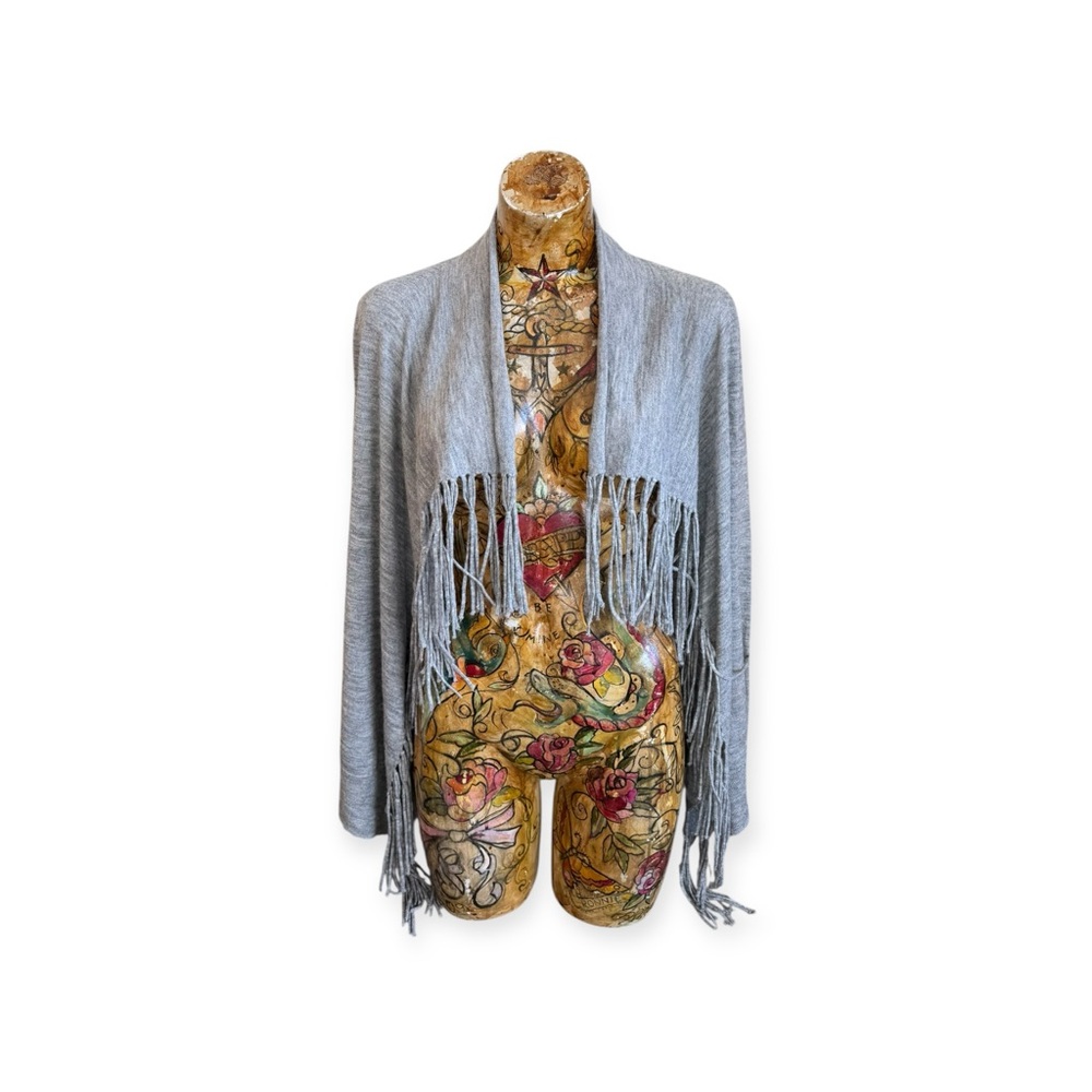 Rebecca Taylor Elegant gray shaw cardigan sweater fringe detailing large alpaca